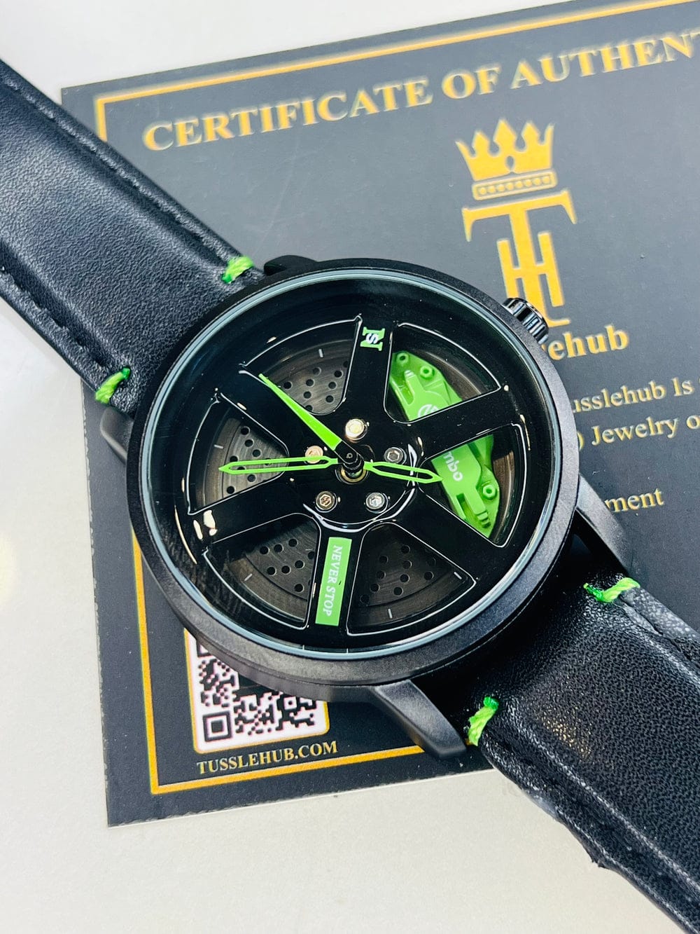 Original allroy rim Watch Black belt with Green dial image 3