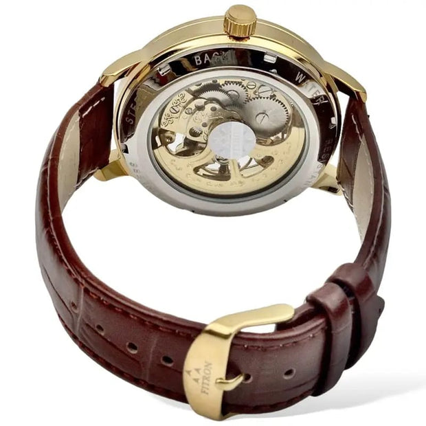 Skeleton Automatic Brown leather belt With Golden Dial image 4