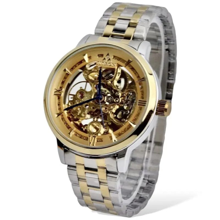 Skeleton fitron Automatic Watch Two tone Chain  With  golden Dial image 3