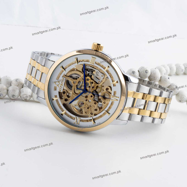 Skeleton Automatic Watch Two tone chain With Golden White image 6