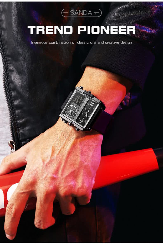 Original Sanda Triple Time Watch Black Colour with black Belt image 4