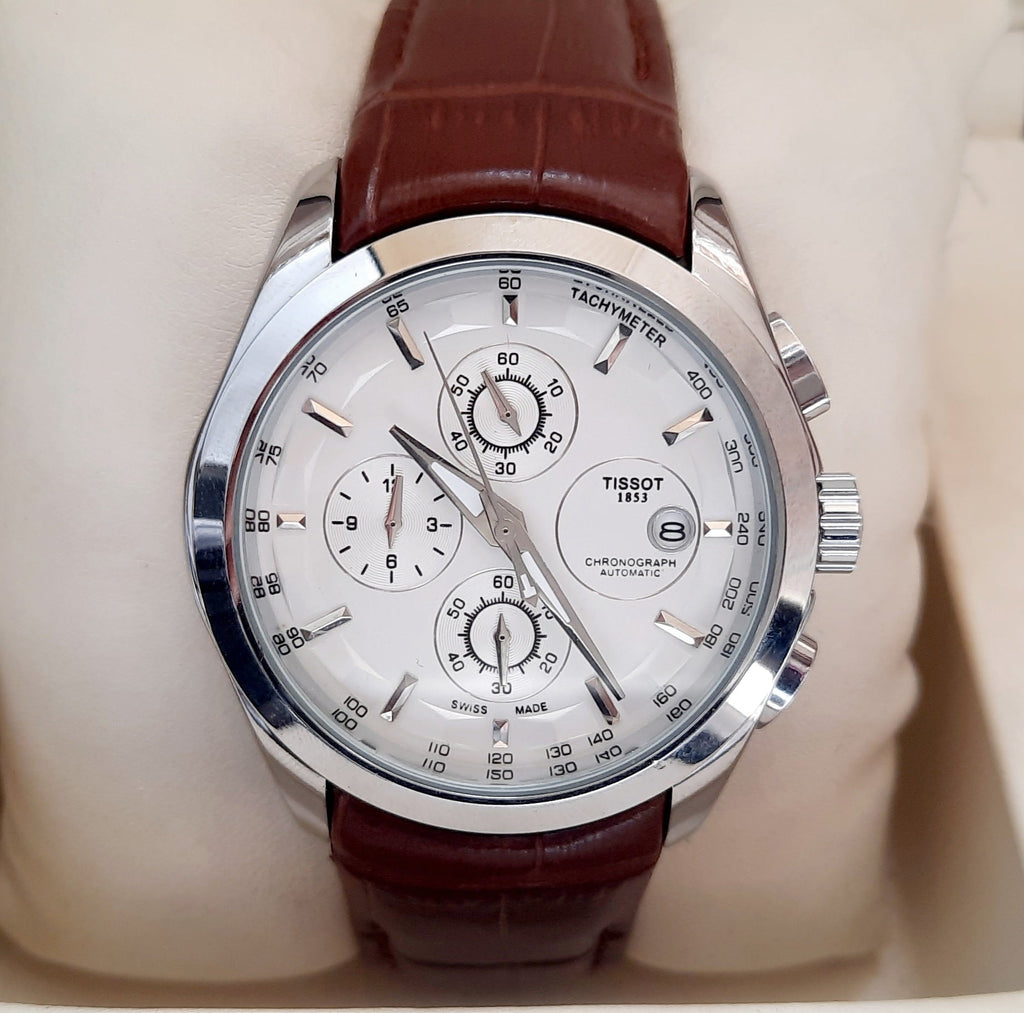 Tissot Choronograph Chain Quartz machine 1853 Leather Belt Brown Sliver  bazel (Copy) image 3