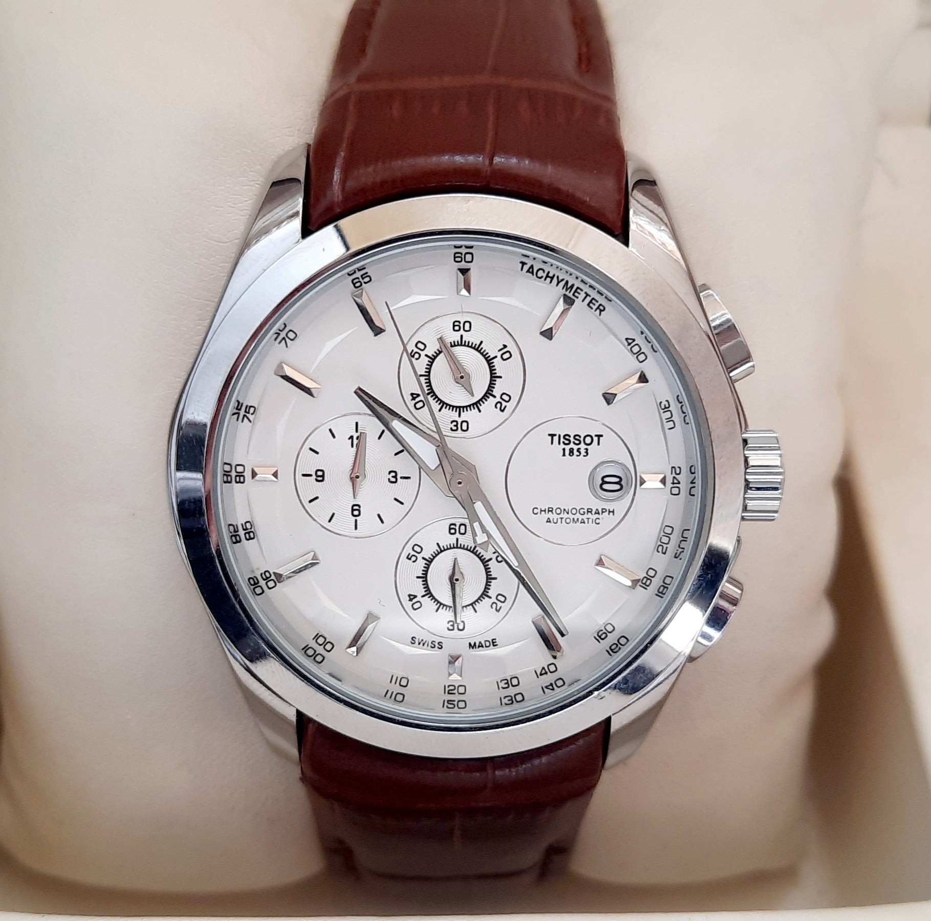 Tissot Choronograph Chain Quartz machine 1853 Leather Belt Brown Sliver  bazel (Copy) image 3