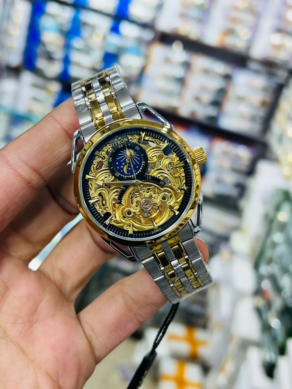 Fitron Skeleton Automatic Moon Graph Working  Gold  Chain With Black Dial image 0