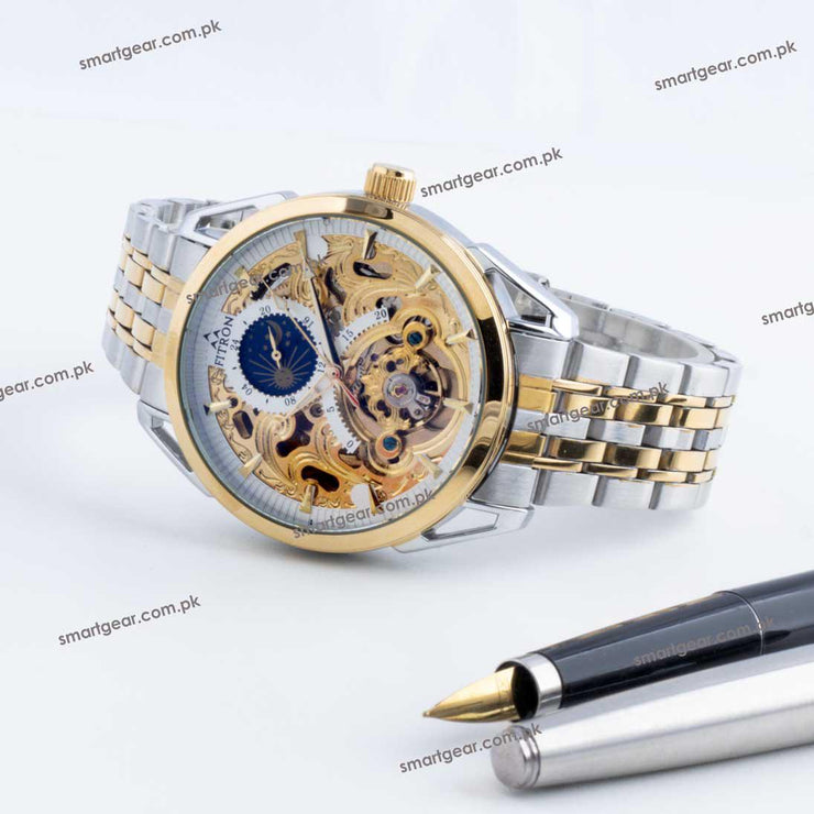 Skeleton Automatic Moon Graph Working  Two tone Chain With White Dial image 1