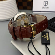 Skeleton Automatic Brown leather belt With Golden Dial image 1