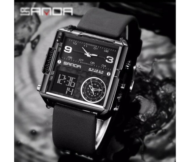 Original Sanda Triple Time Watch Black Colour with black Belt image 1