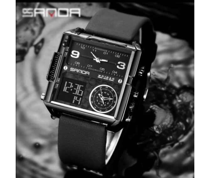 Original Sanda Triple Time Watch Black Colour with black Belt image 1