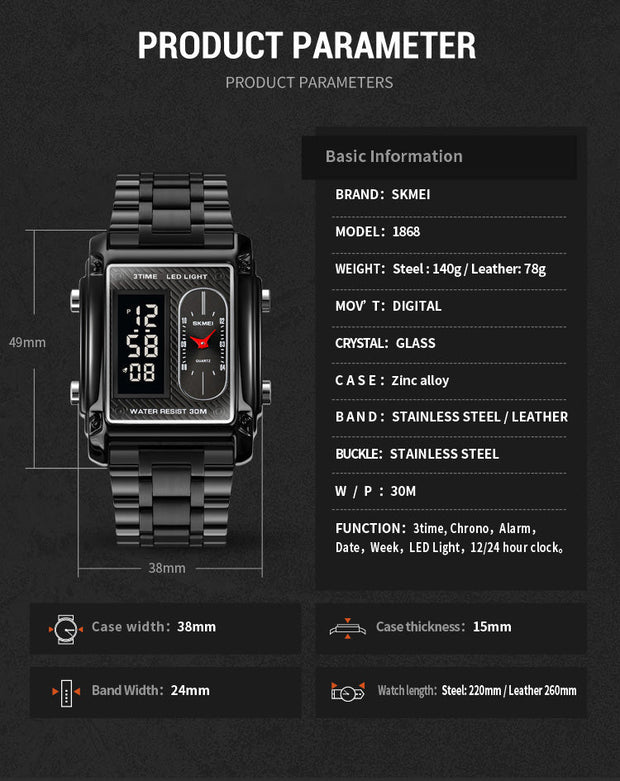 Original SKM Black Chain Square Dual time image 9