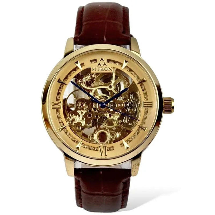 Skeleton Automatic Brown leather belt With Golden Dial image 2