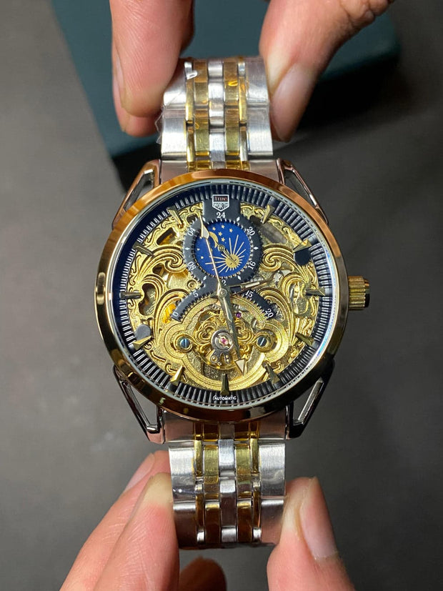Fitron Skeleton Automatic Moon Graph Working  Gold  Chain With Black Dial image 6