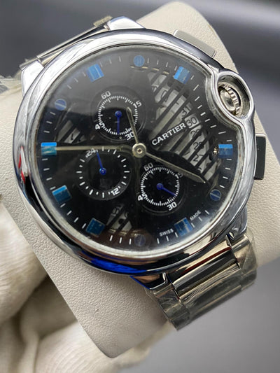 Cartier Chronograph working Watch  Sliver Black with Blue diamonds (Copy) image 0