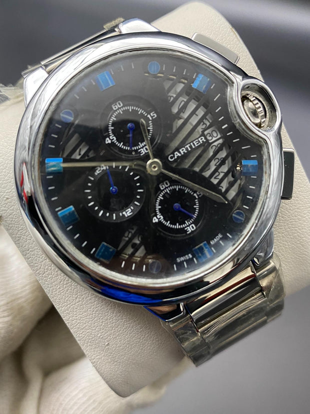 Cartier Chronograph working Watch  Sliver Black with Blue diamonds (Copy) image 0