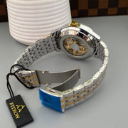 Fitron Skeleton Automatic Moon Graph Working  Gold  Chain With Black Dial image 5