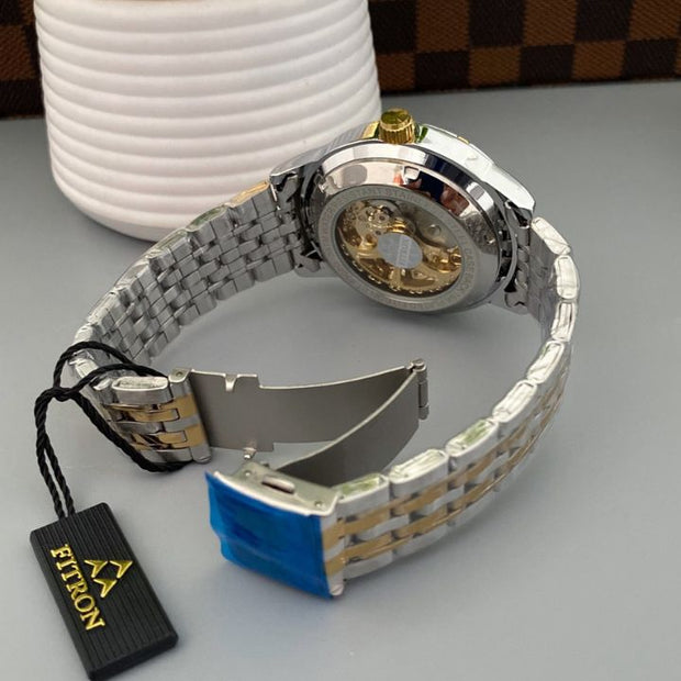 Fitron Skeleton Automatic Moon Graph Working  Gold  Chain With Black Dial image 5