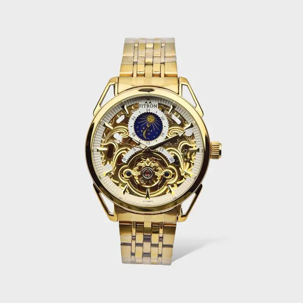 Skeleton Automatic Moon Graph Working  Golden Chain With White Dial image 0