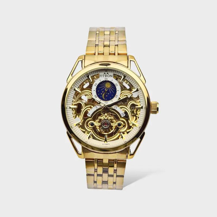 Skeleton Automatic Moon Graph Working  Golden Chain With White Dial image 0