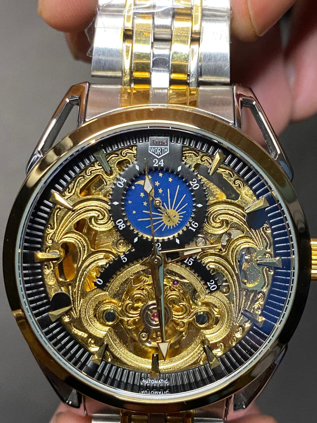 Fitron Skeleton Automatic Moon Graph Working  Gold  Chain With Black Dial image 3