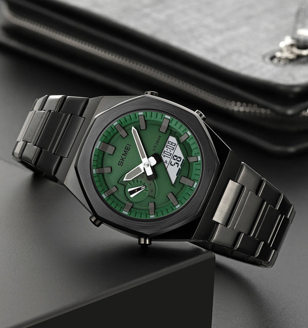 Original SKM World Time Watch Black with Green Dial image 2