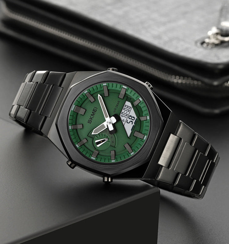 Original SKM World Time Watch Black with Green Dial image 2